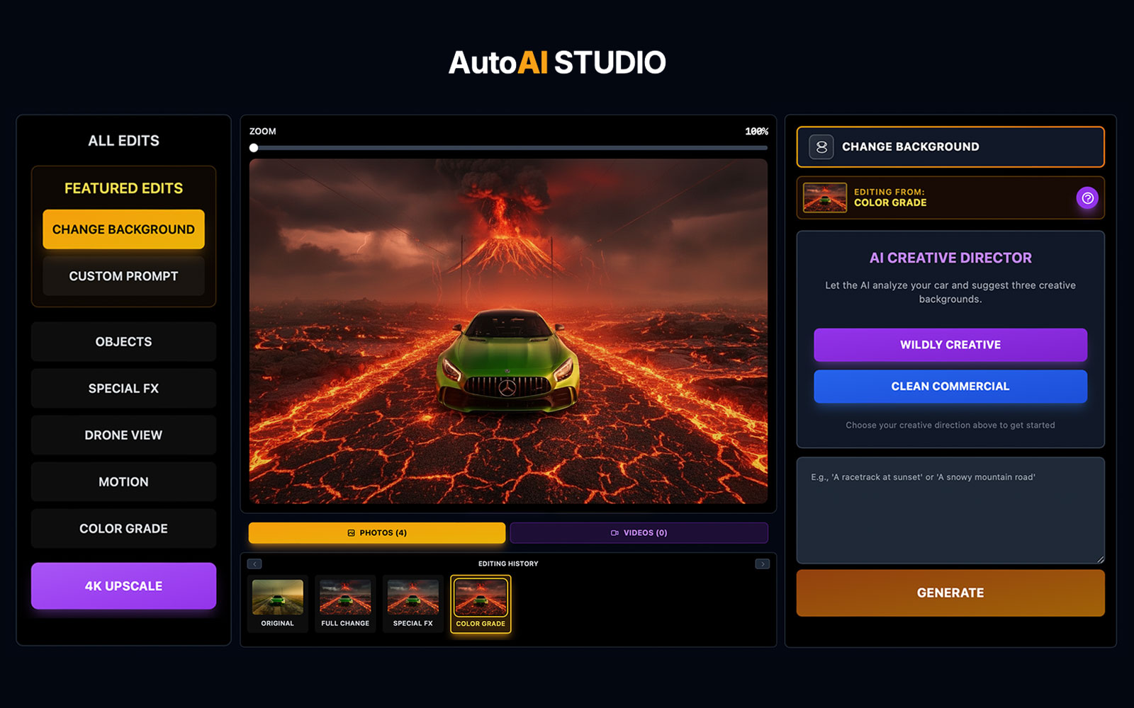 Auto AI Studio user interface showing the main editing workspace with car photo and tools panel