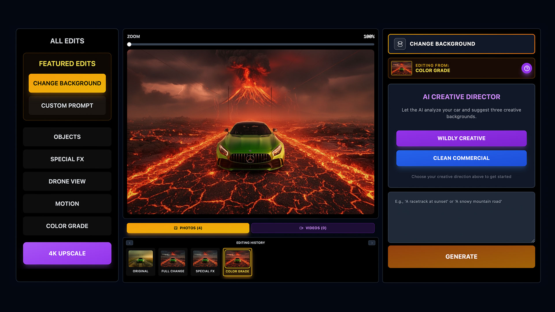 Auto AI Studio platform showcasing AI-powered automotive photography editing with multiple car images