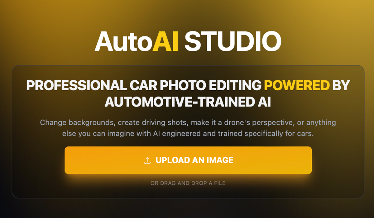 Auto AI Studio upload interface showing drag and drop zone for car photo upload